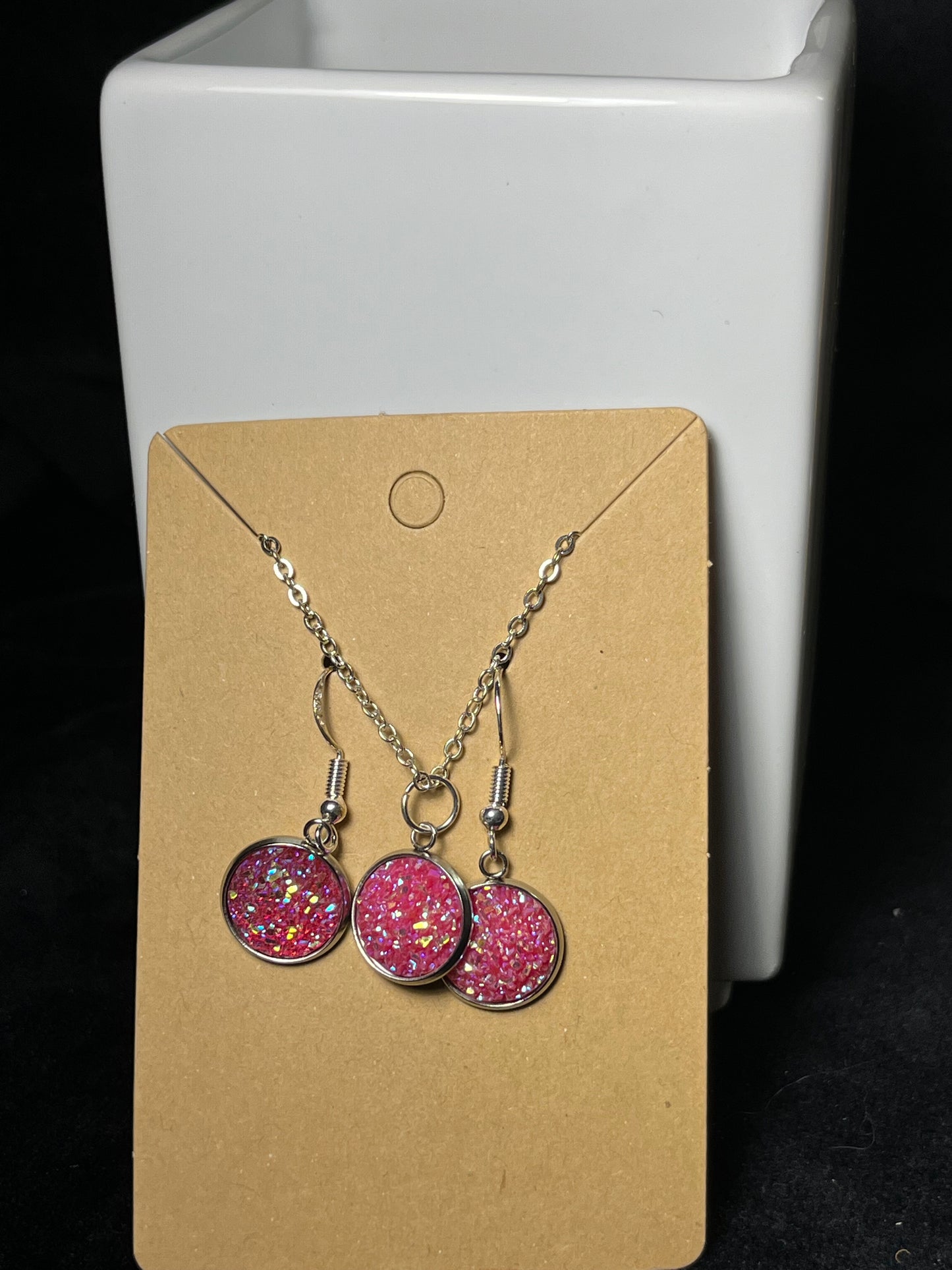 Sparkly Round Cabochon on a silver Chain Necklace with Matching Stud Earrings