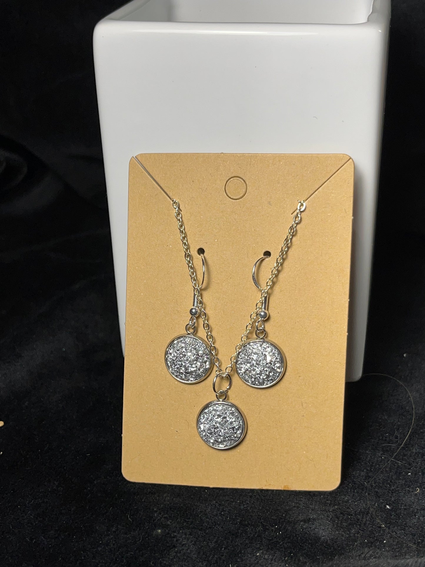 Sparkly Round Cabochon on a silver Chain Necklace with Matching Stud Earrings