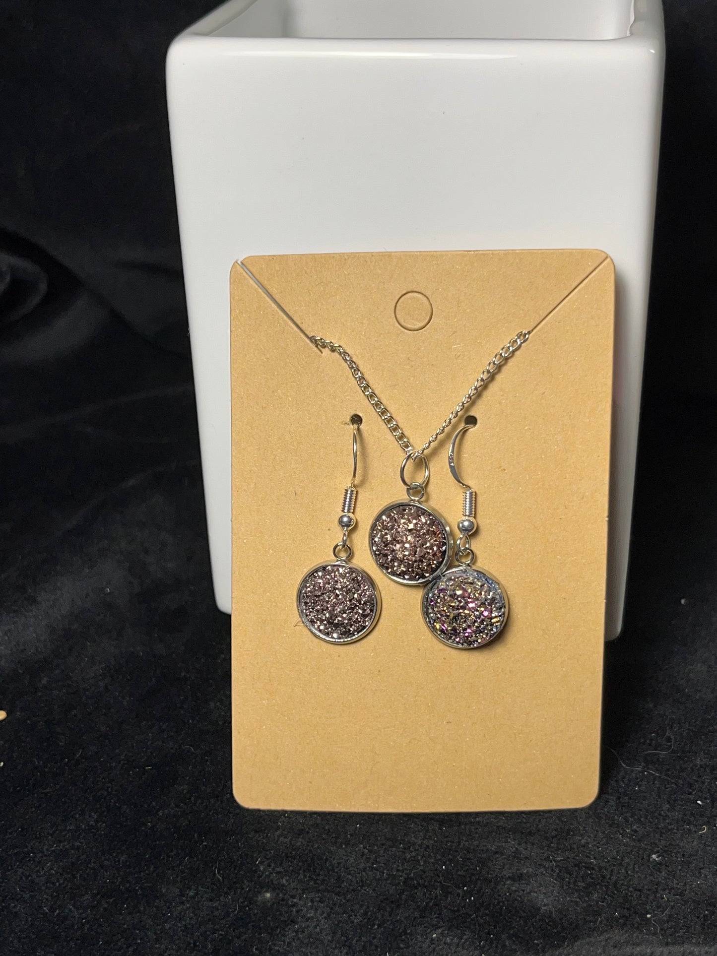 Sparkly Round Cabochon on a silver Chain Necklace with Matching Stud Earrings