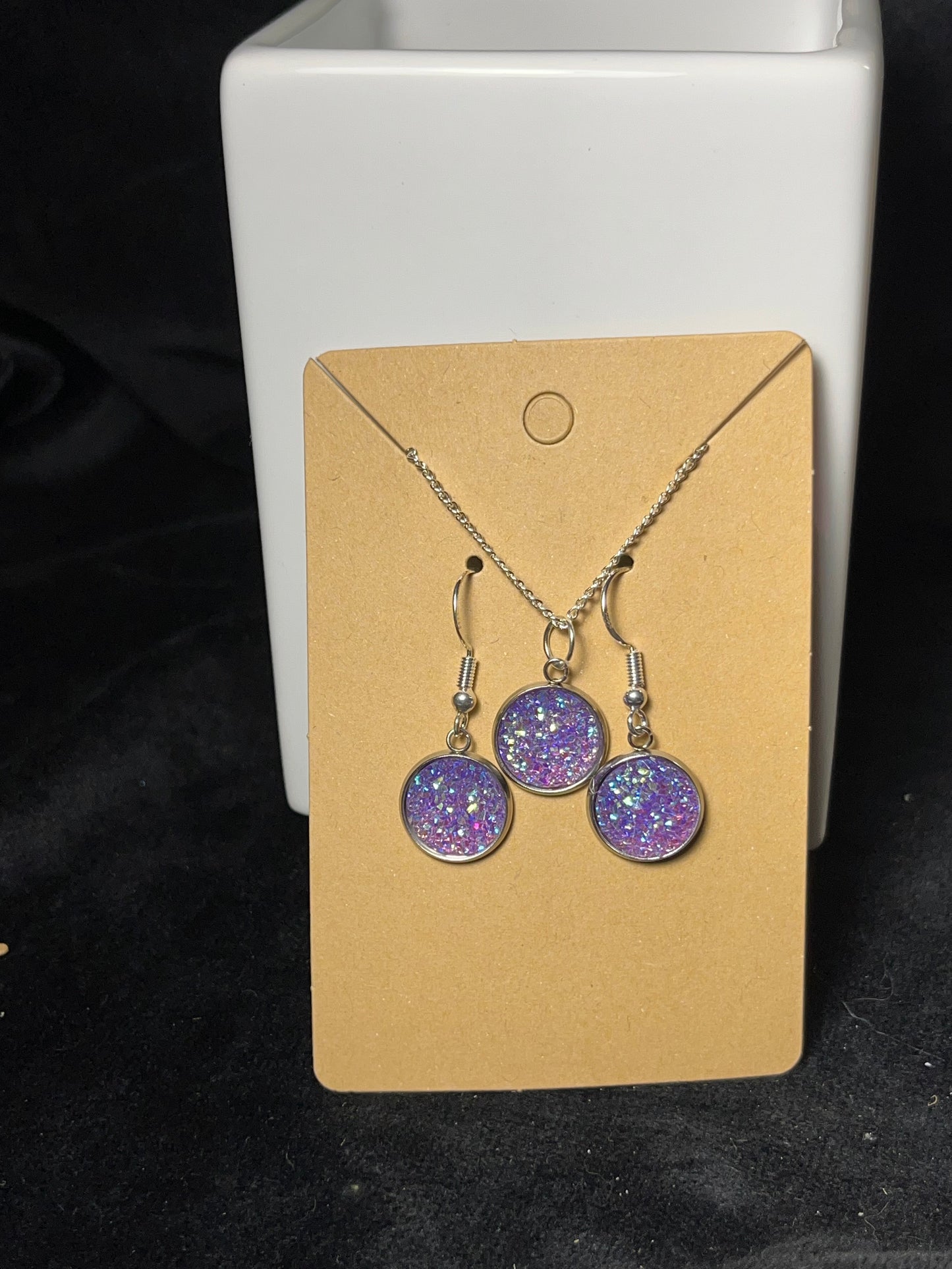 Sparkly Round Cabochon on a silver Chain Necklace with Matching Stud Earrings