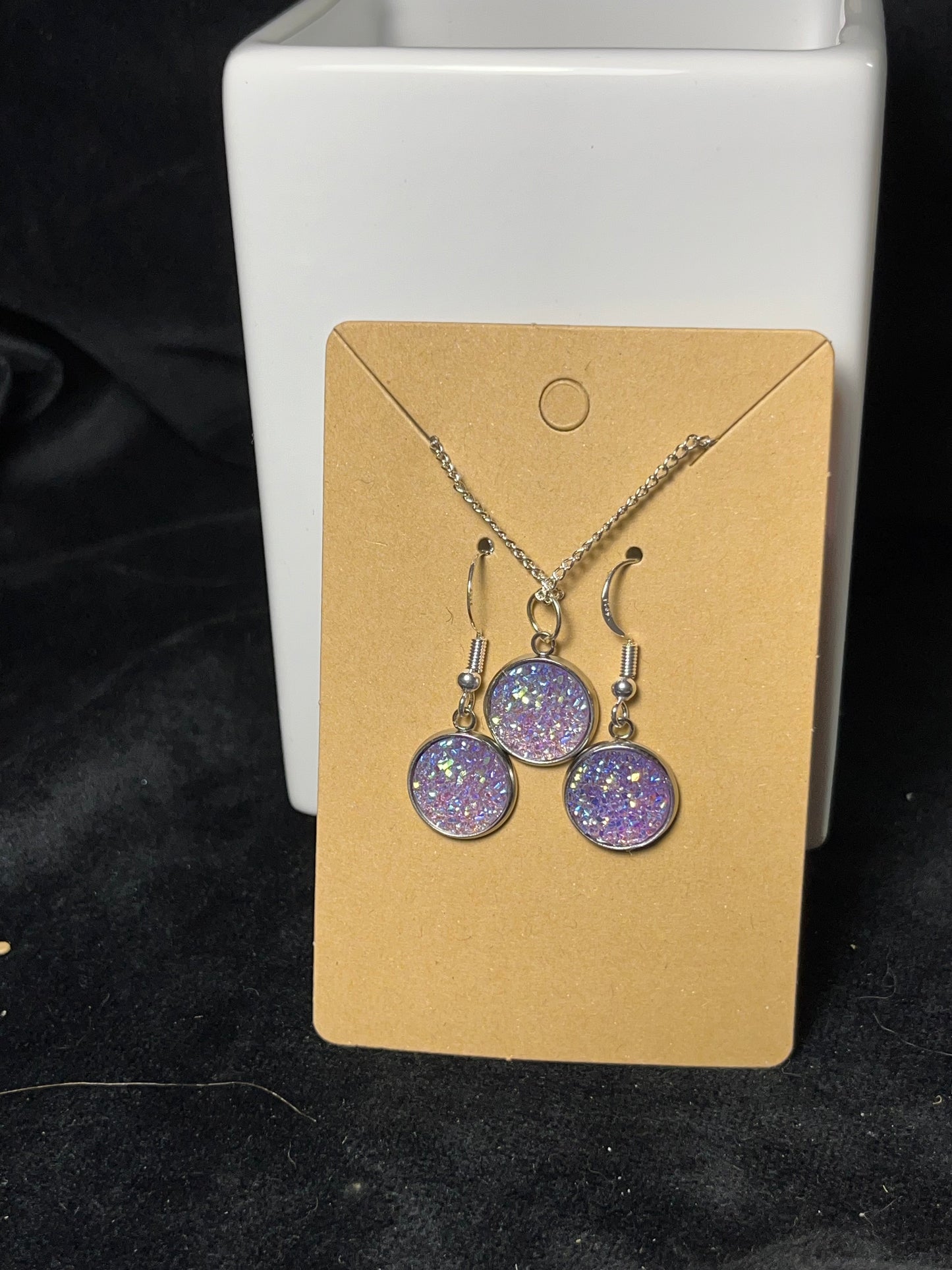 Sparkly Round Cabochon on a silver Chain Necklace with Matching Stud Earrings