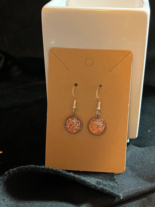 Sparkly Round Cabochon on a silver Chain Necklace with Matching Stud Earrings