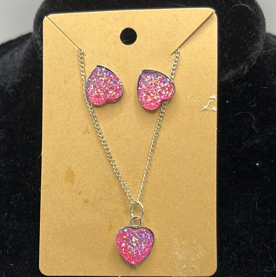 Sparkly Heart Cabochon on a silver Chain Necklace with matching stud earrings
