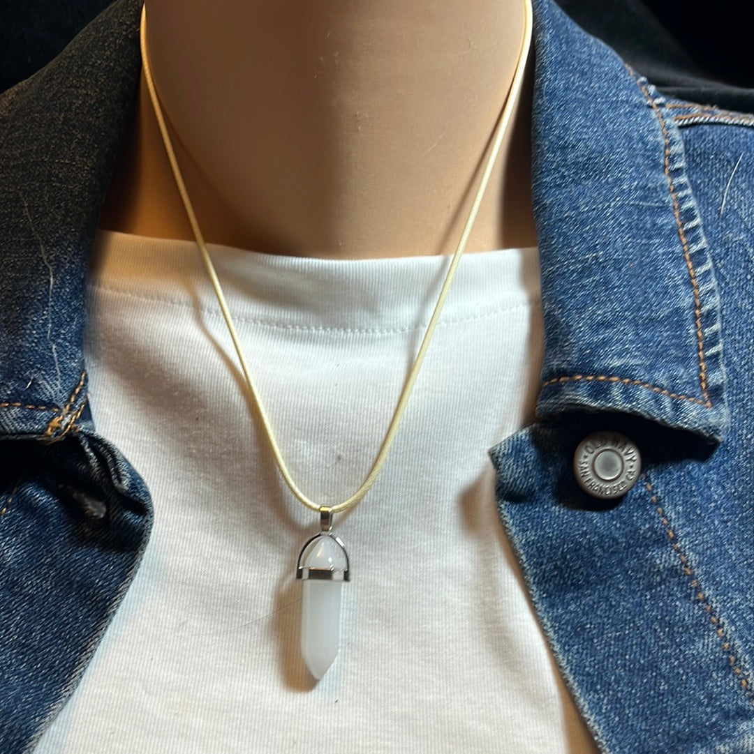 White Leather Cord Crystal Necklaces