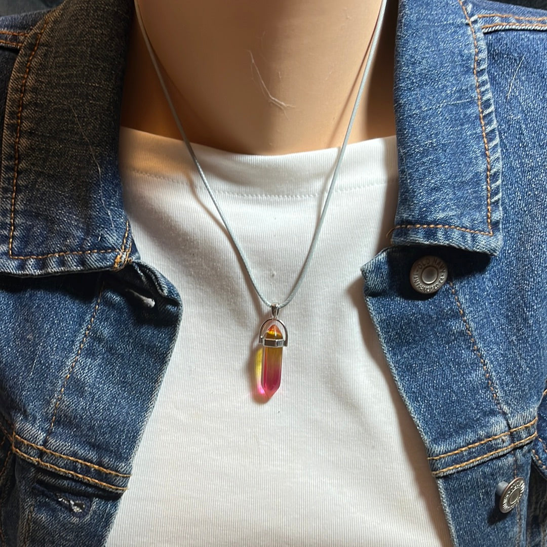 Light Grey Leather Cord Crystal Necklaces