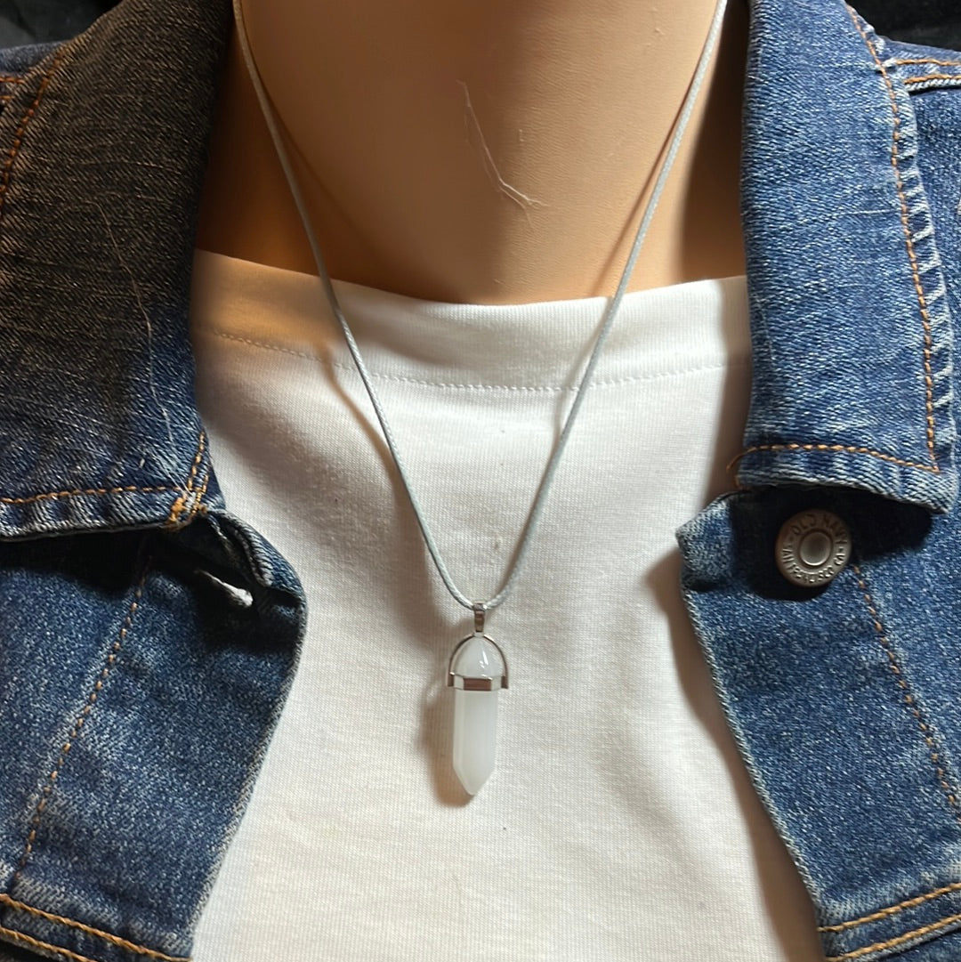 Light Grey Leather Cord Crystal Necklaces