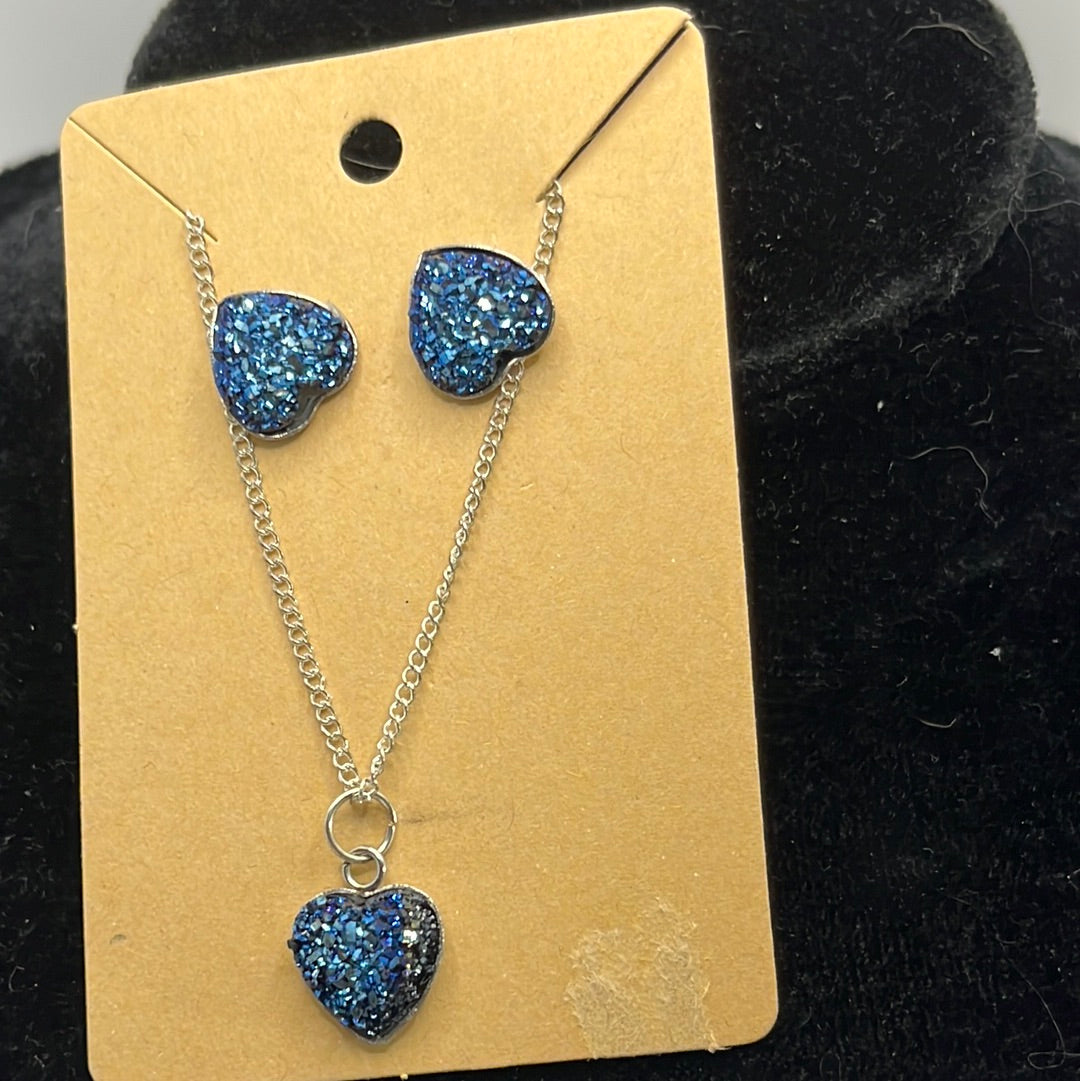 Sparkly Heart Cabochon on a silver Chain Necklace with matching stud earrings