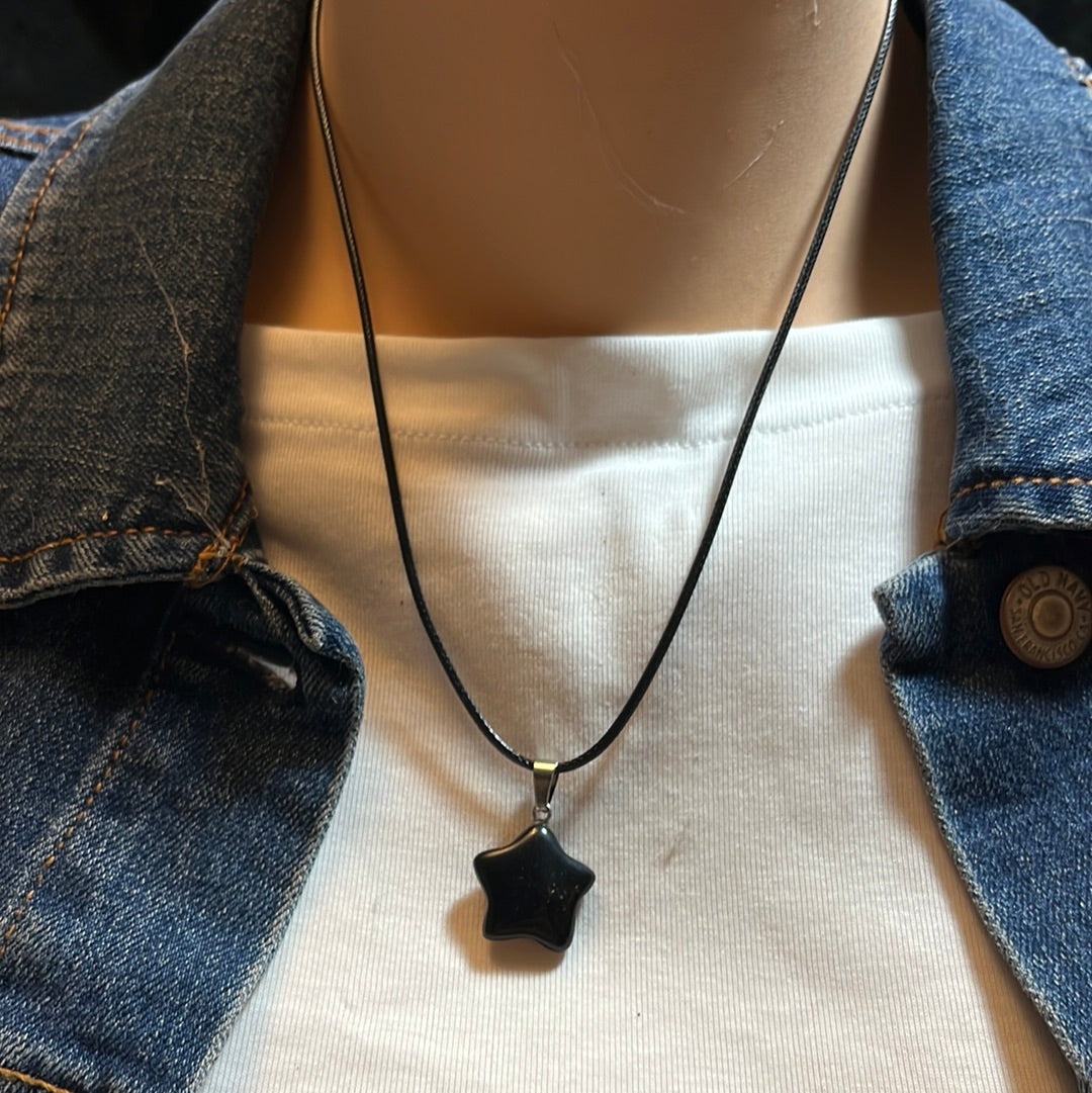 Black Leather Cord Gemstone Necklaces