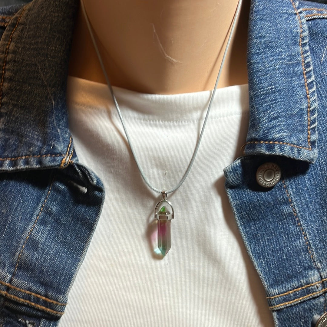 Light Grey Leather Cord Crystal Necklaces