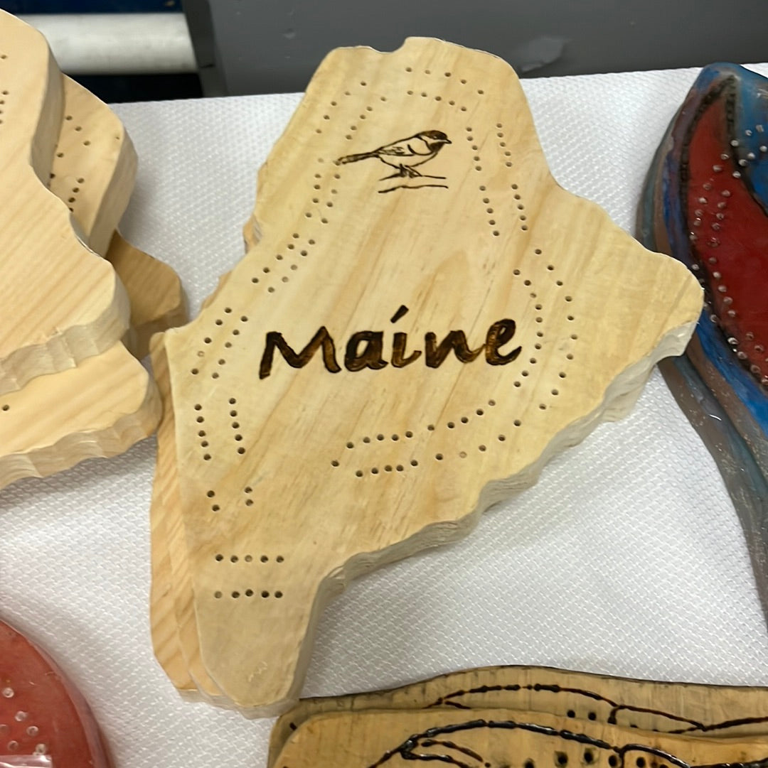 Maine wood burned cribbage board