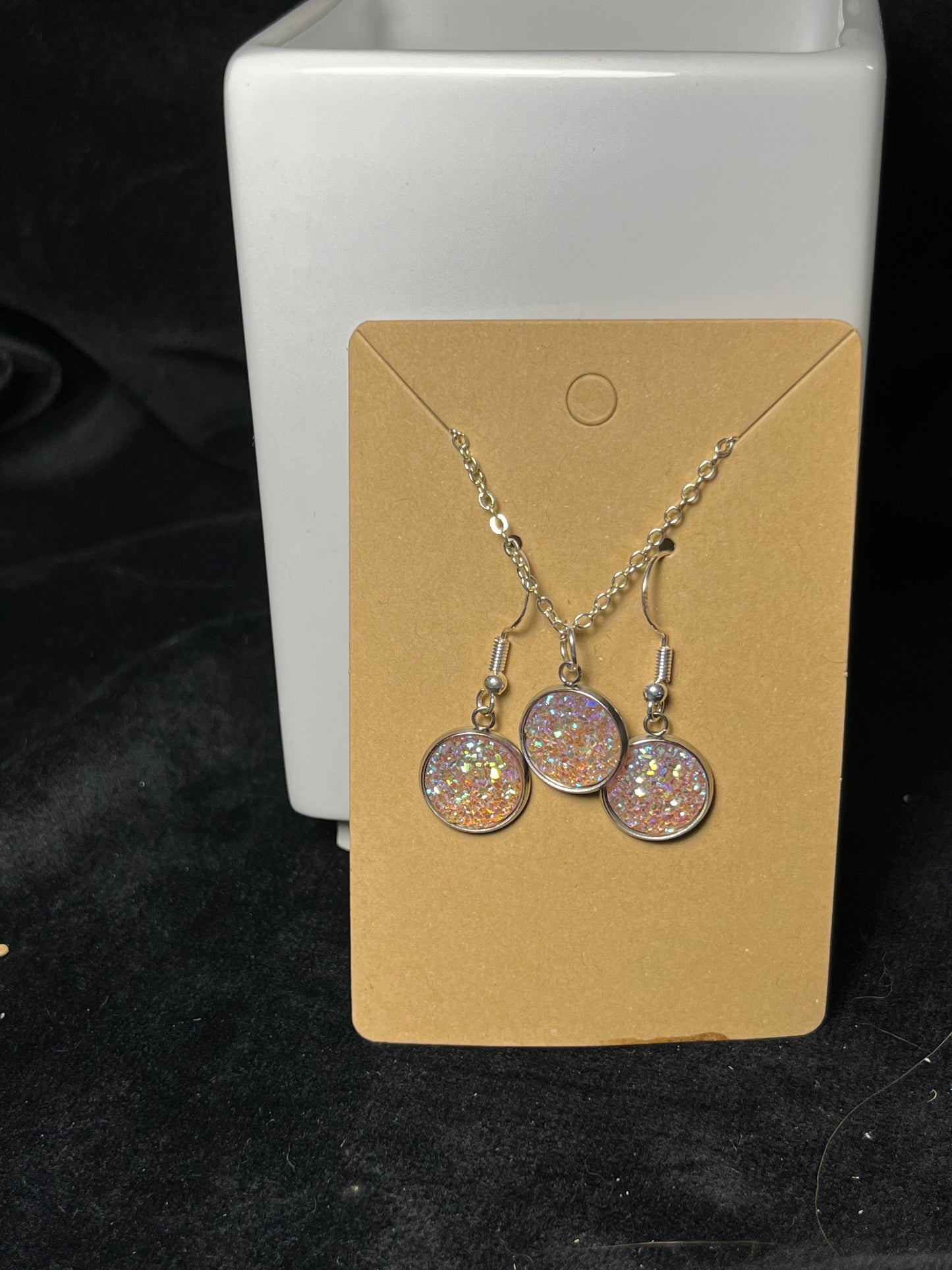 Sparkly Round Cabochon on a silver Chain Necklace with Matching Stud Earrings