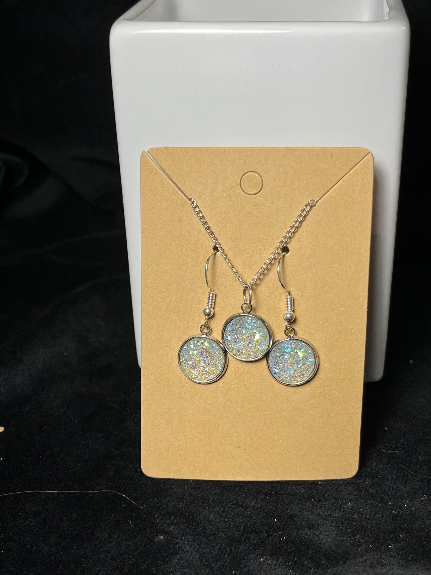 Sparkly Round Cabochon on a silver Chain Necklace with Matching Stud Earrings