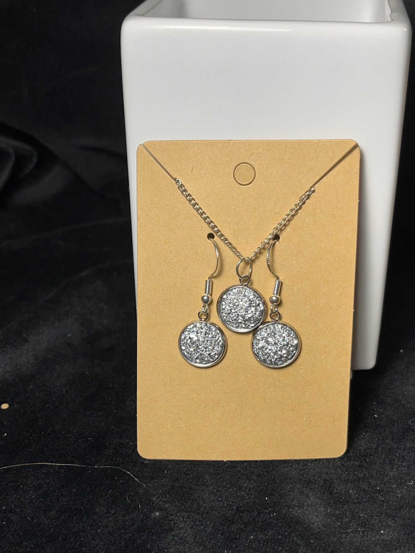 Sparkly Round Cabochon on a silver Chain Necklace with Matching Stud Earrings