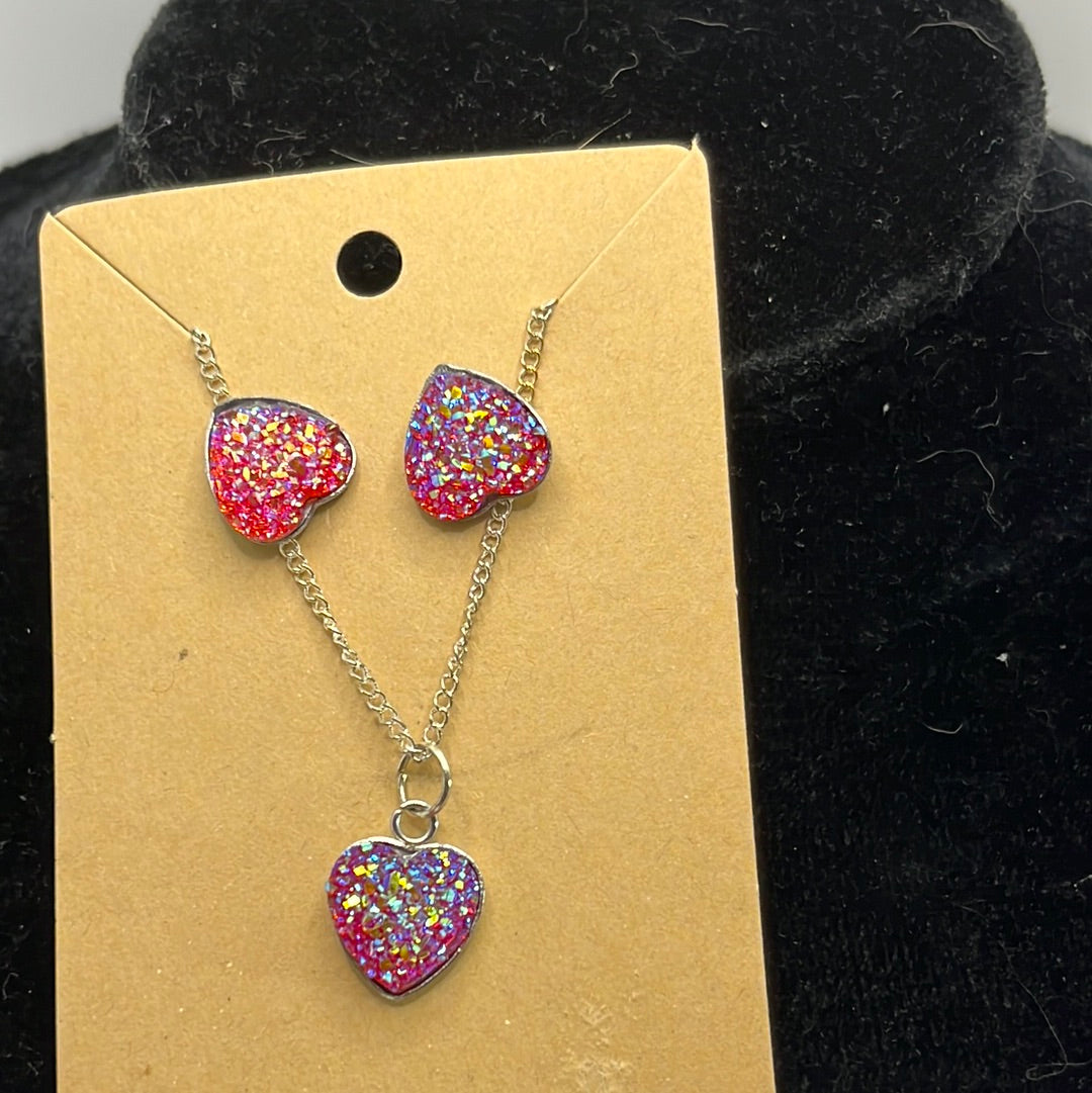 Sparkly Heart Cabochon on a silver Chain Necklace with matching stud earrings