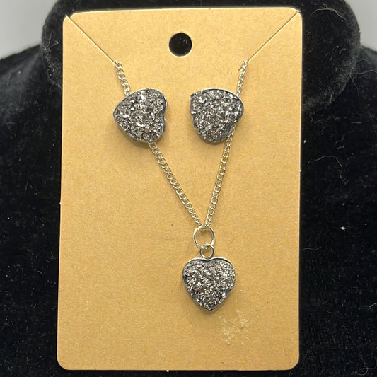 Sparkly Heart Cabochon on a silver Chain Necklace with matching stud earrings
