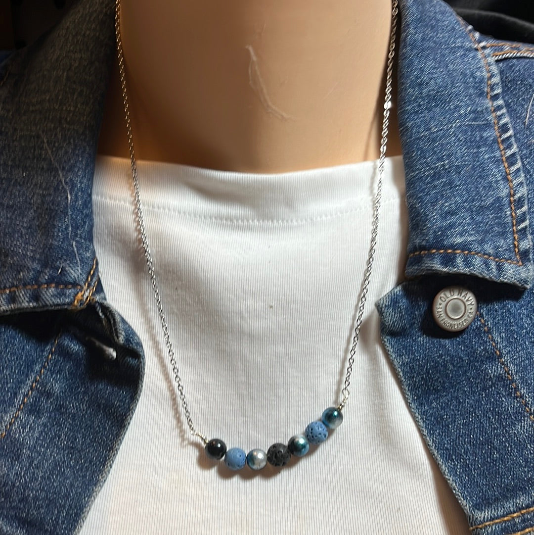 Simple Beaded Silver Chain Bar Necklace