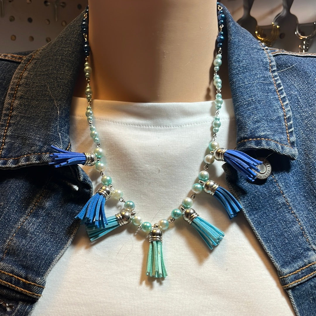 Tasseled Blue beaded necklace