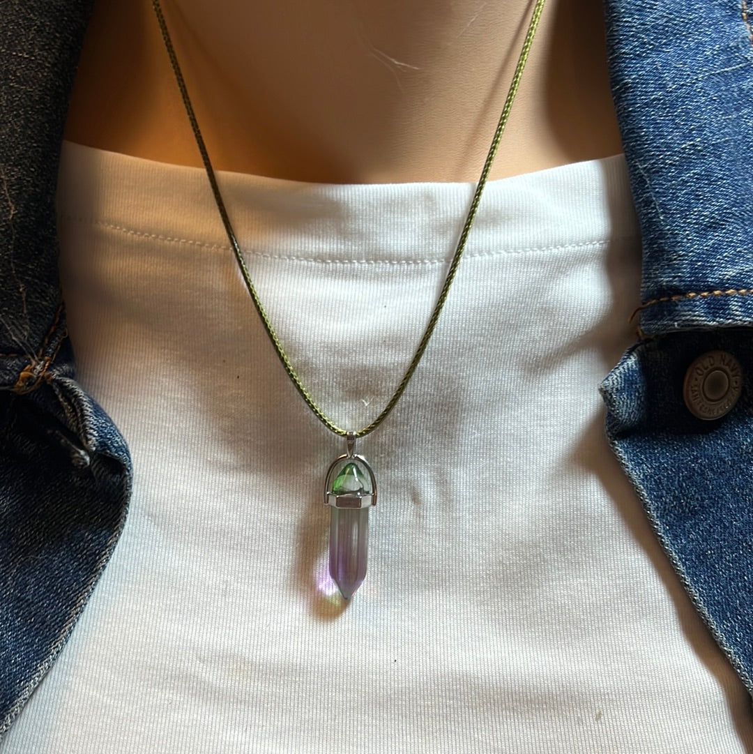 Green Leather Cord Crystal Necklaces