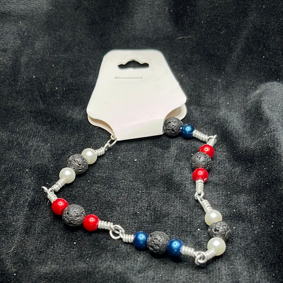 Red White and Blue Lava Bead Link Bracelet