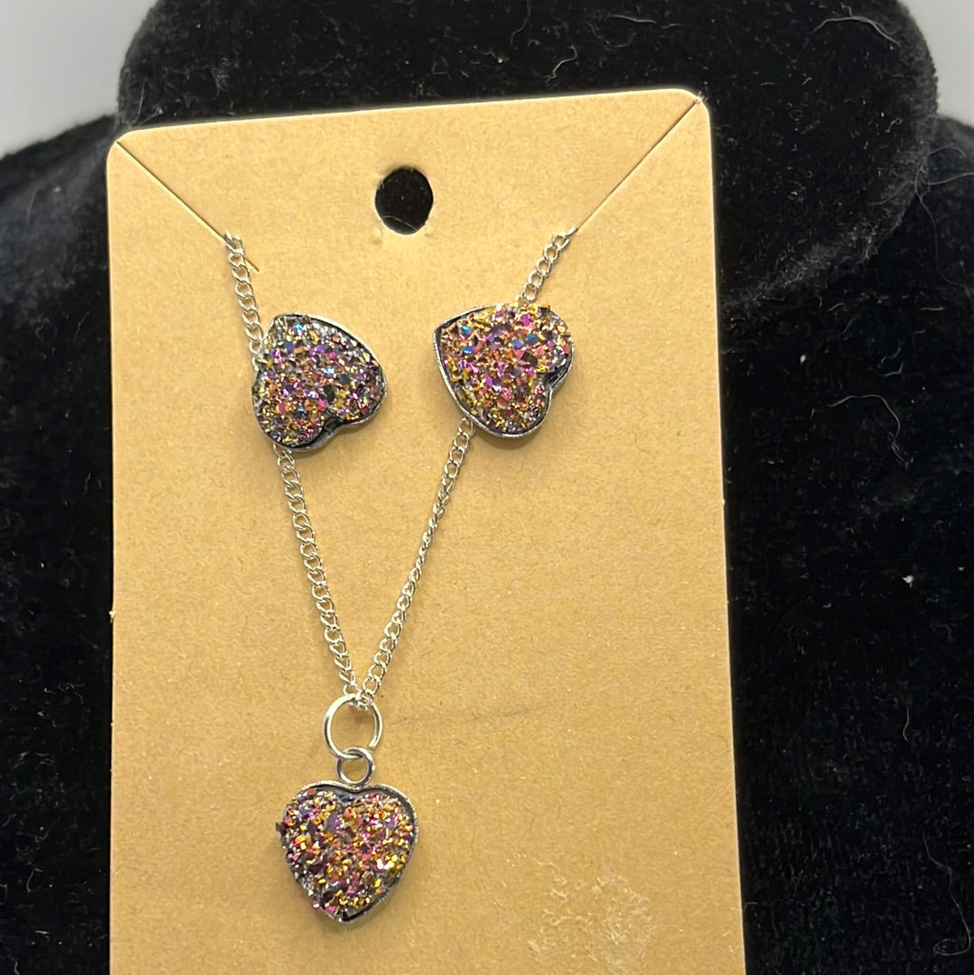 Sparkly Heart Cabochon on a silver Chain Necklace with matching stud earrings